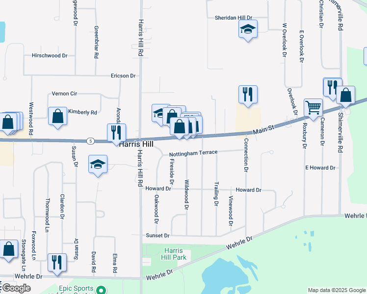 map of restaurants, bars, coffee shops, grocery stores, and more near 8575 Main Street in Williamsville