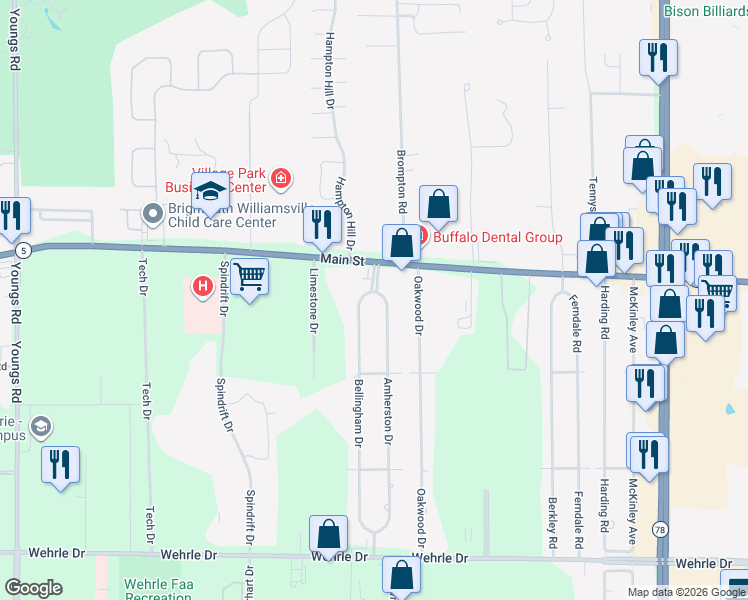 map of restaurants, bars, coffee shops, grocery stores, and more near 1 Ridge Court North in Buffalo
