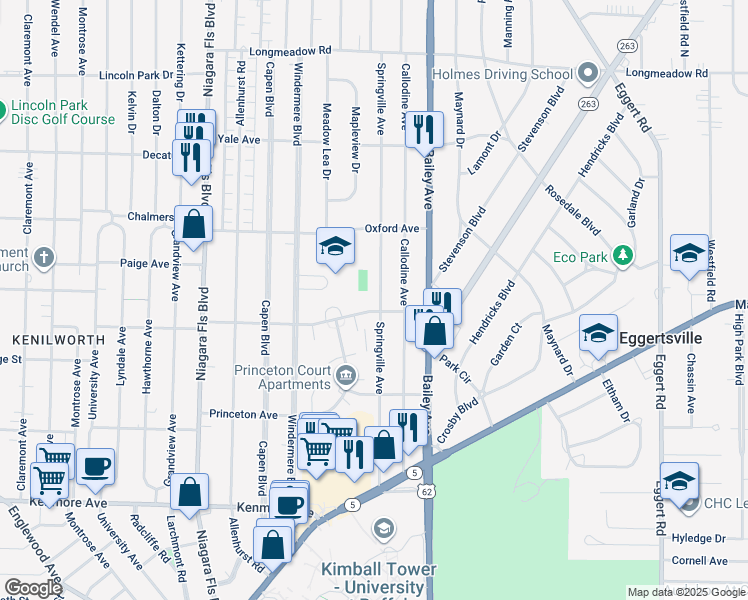 map of restaurants, bars, coffee shops, grocery stores, and more near 206 Springville Avenue in Buffalo