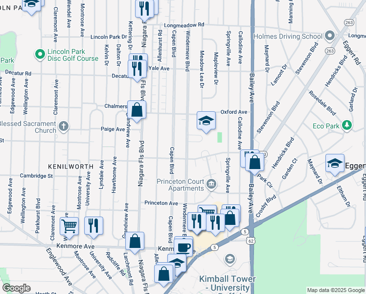 map of restaurants, bars, coffee shops, grocery stores, and more near 299 Capen Boulevard in Buffalo