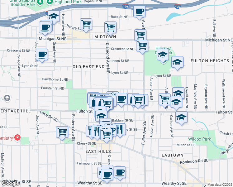 map of restaurants, bars, coffee shops, grocery stores, and more near 63 Iris Place Northeast in Grand Rapids