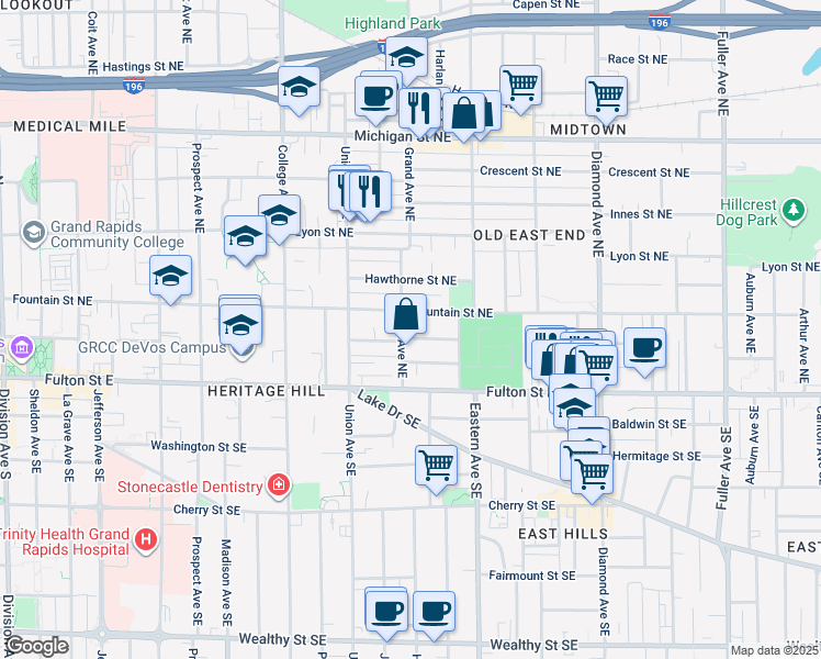 map of restaurants, bars, coffee shops, grocery stores, and more near 717 Atwood Street Northeast in Grand Rapids