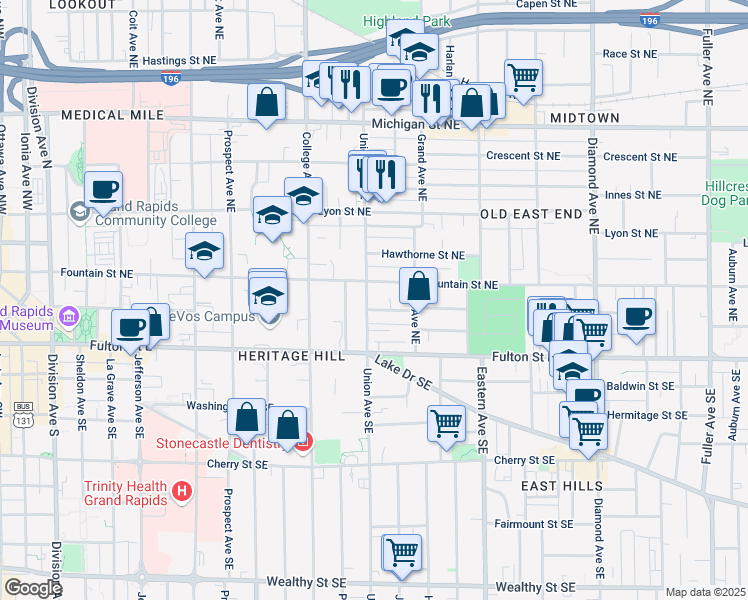 map of restaurants, bars, coffee shops, grocery stores, and more near 51 Union Avenue Northeast in Grand Rapids