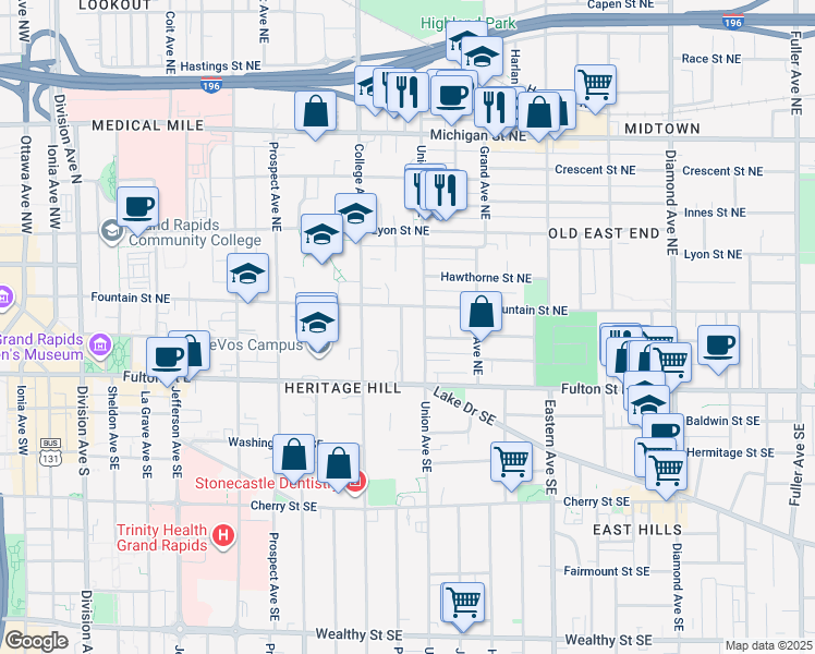 map of restaurants, bars, coffee shops, grocery stores, and more near 51 Union Avenue Northeast in Grand Rapids