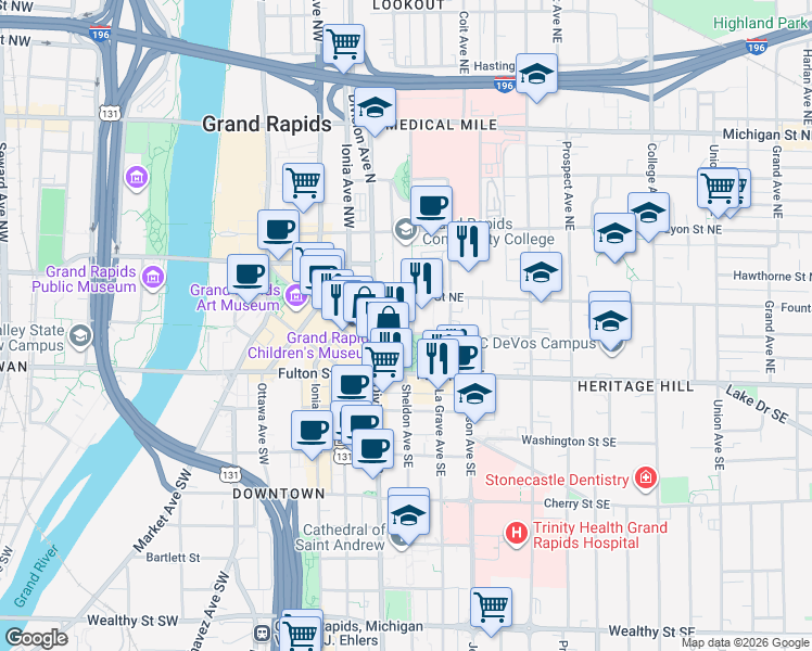 map of restaurants, bars, coffee shops, grocery stores, and more near 27 Library Street Northeast in Grand Rapids