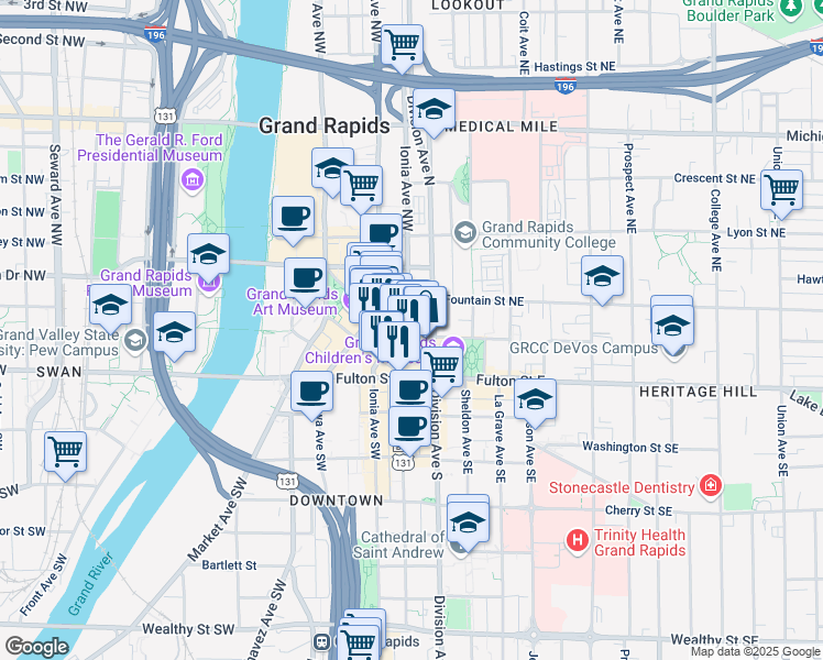 map of restaurants, bars, coffee shops, grocery stores, and more near 89 Monroe Center Street Northwest in Grand Rapids