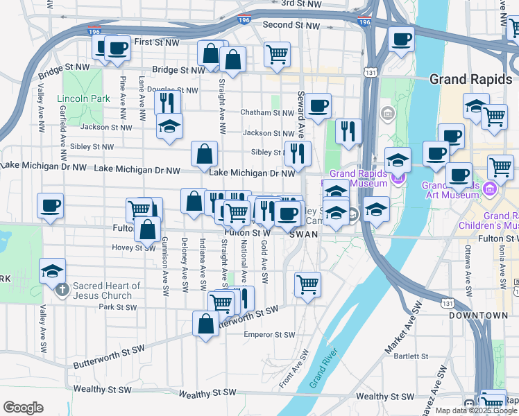map of restaurants, bars, coffee shops, grocery stores, and more near 719 Veto Street Northwest in Grand Rapids