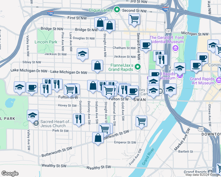 map of restaurants, bars, coffee shops, grocery stores, and more near 759 Veto Street Northwest in Grand Rapids