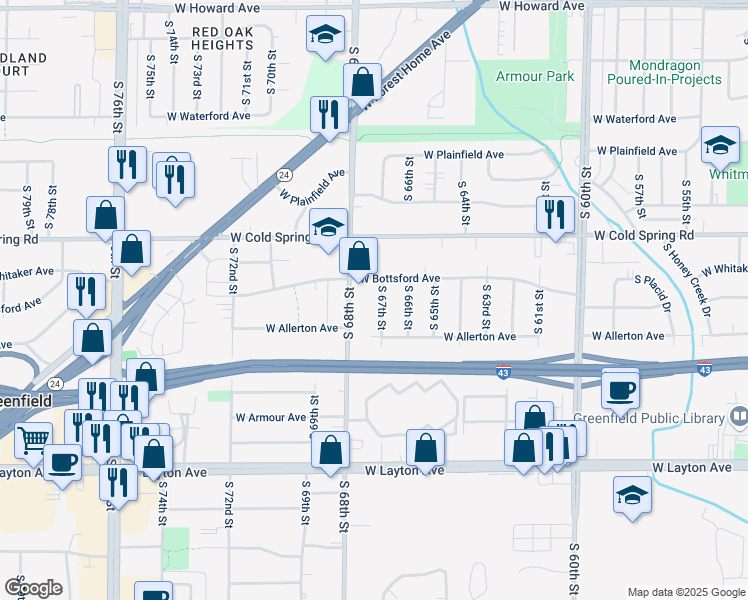 map of restaurants, bars, coffee shops, grocery stores, and more near 4406 South 68th Street in Greenfield