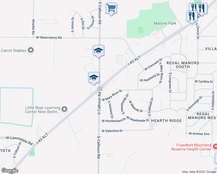 map of restaurants, bars, coffee shops, grocery stores, and more near 17101 West National Avenue in New Berlin