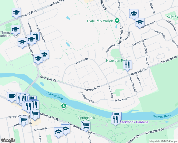 map of restaurants, bars, coffee shops, grocery stores, and more near 153 Green Hedge Court in London