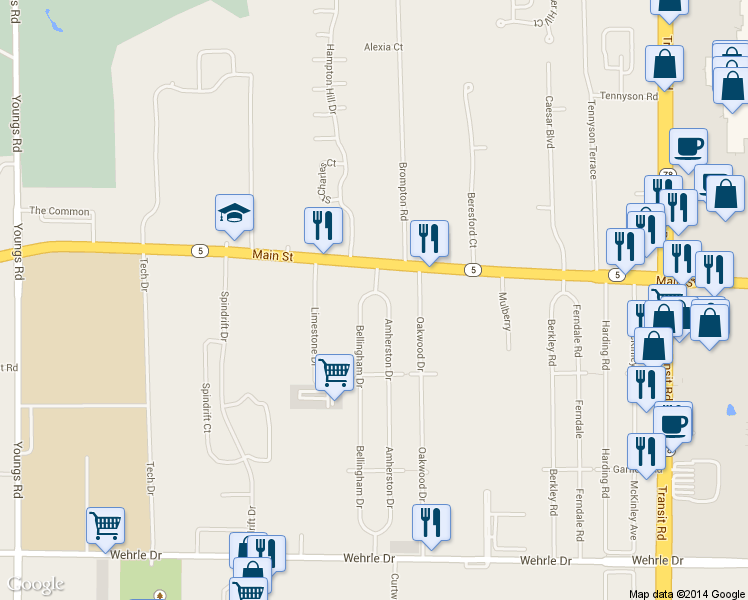 map of restaurants, bars, coffee shops, grocery stores, and more near 1 Ridge Court North in Buffalo
