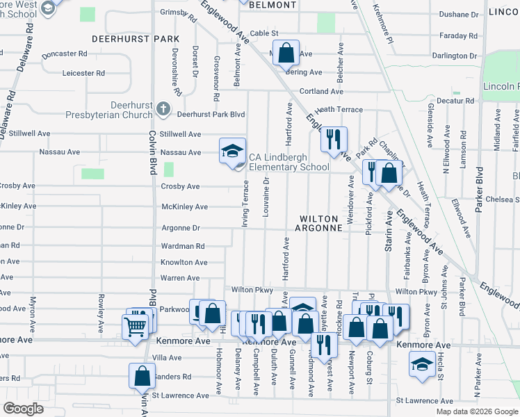 map of restaurants, bars, coffee shops, grocery stores, and more near 212 Louvaine Drive in Buffalo