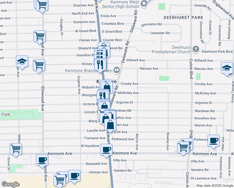 map of restaurants, bars, coffee shops, grocery stores, and more near 75 Delaware Road in Buffalo