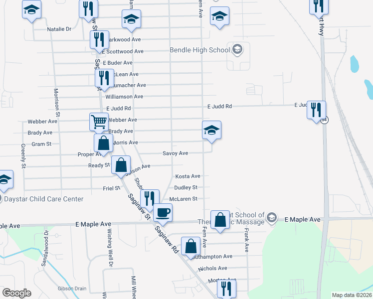 map of restaurants, bars, coffee shops, grocery stores, and more near 2237 Savoy Avenue in Burton