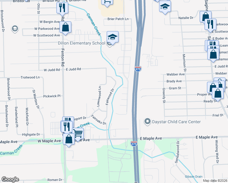 map of restaurants, bars, coffee shops, grocery stores, and more near 4375 Fairwood Drive in Burton