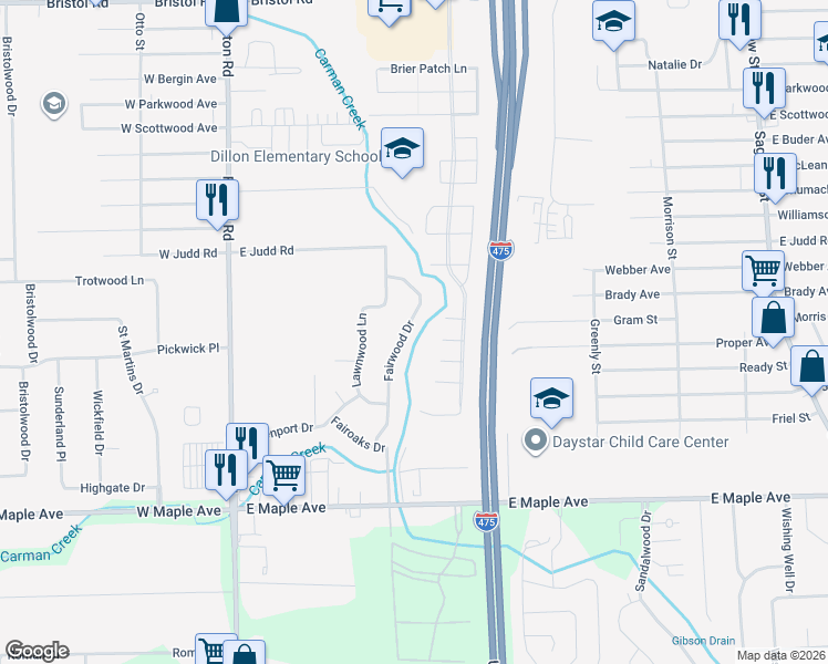 map of restaurants, bars, coffee shops, grocery stores, and more near 4375 Fairwood Drive in Burton