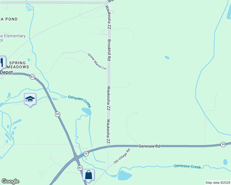 map of restaurants, bars, coffee shops, grocery stores, and more near W304S4404 Brookhill Road in Waukesha