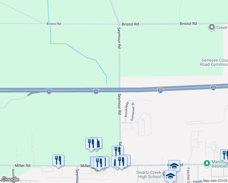 map of restaurants, bars, coffee shops, grocery stores, and more near Interstate 69 in Swartz Creek