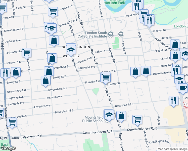 map of restaurants, bars, coffee shops, grocery stores, and more near 345 Emery Street East in London