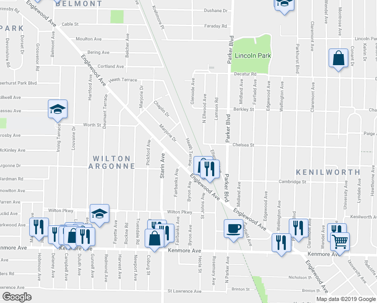 map of restaurants, bars, coffee shops, grocery stores, and more near 9 Marjorie Drive in Buffalo