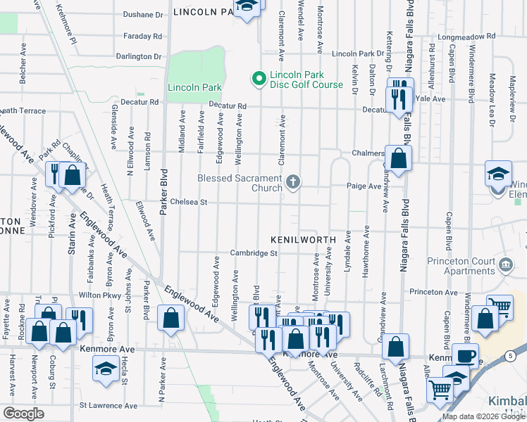 map of restaurants, bars, coffee shops, grocery stores, and more near 217 Parkhurst Boulevard in Buffalo