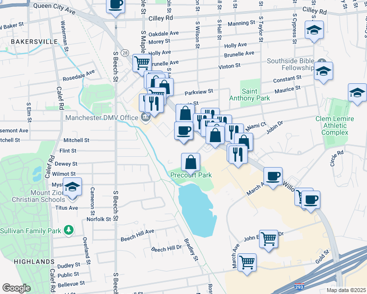 map of restaurants, bars, coffee shops, grocery stores, and more near 64-100 Driving Park Rd in Manchester