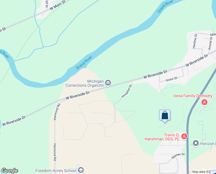 map of restaurants, bars, coffee shops, grocery stores, and more near 777 West Riverside Drive in Ionia