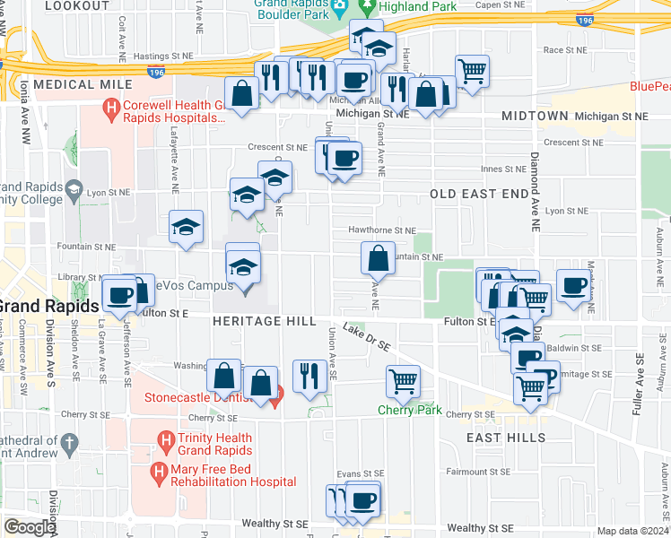 map of restaurants, bars, coffee shops, grocery stores, and more near 60 Union Avenue Northeast in Grand Rapids