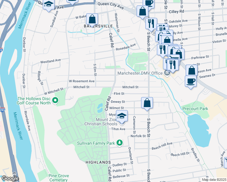 map of restaurants, bars, coffee shops, grocery stores, and more near 415 Calef Road in Manchester