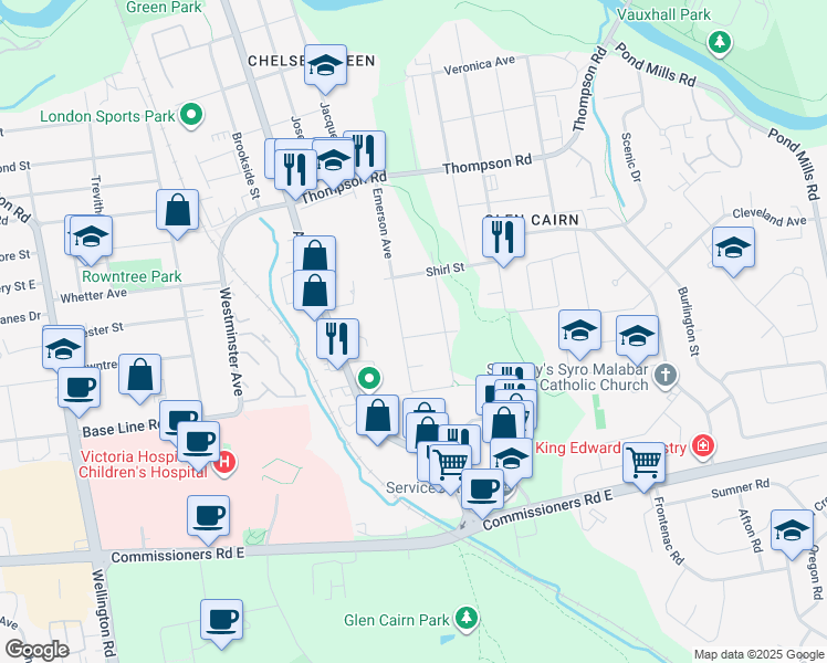 map of restaurants, bars, coffee shops, grocery stores, and more near 190 Emerson Avenue in London