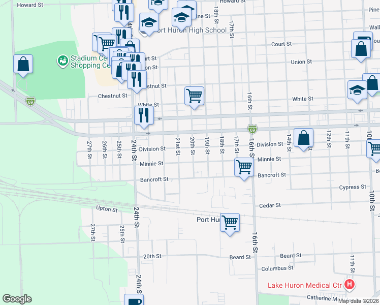 map of restaurants, bars, coffee shops, grocery stores, and more near 1811 20th Street in Port Huron