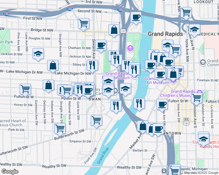 map of restaurants, bars, coffee shops, grocery stores, and more near 401 Fulton Street West in Grand Rapids