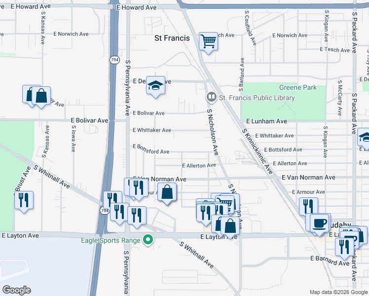 map of restaurants, bars, coffee shops, grocery stores, and more near 2806 East Bottsford Avenue in Saint Francis