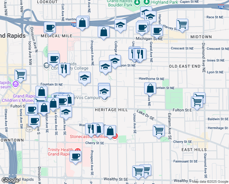 map of restaurants, bars, coffee shops, grocery stores, and more near 57 College Avenue Northeast in Grand Rapids