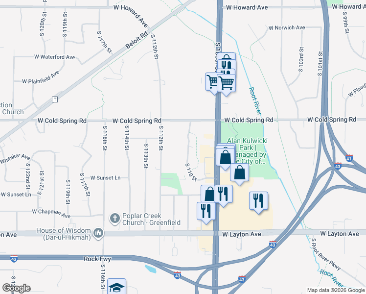 map of restaurants, bars, coffee shops, grocery stores, and more near 4401 South 110th Street in Greenfield