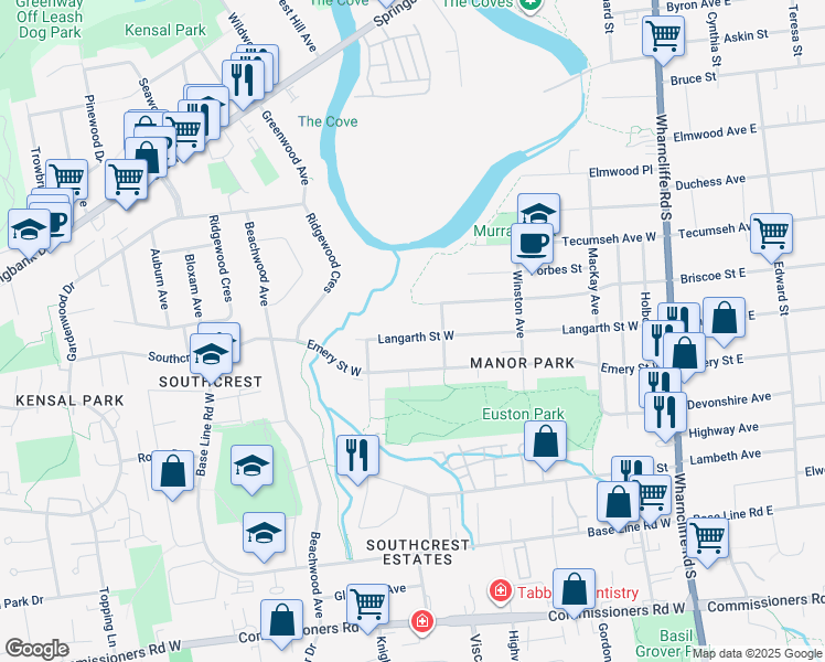 map of restaurants, bars, coffee shops, grocery stores, and more near 124 Langarth Street West in London