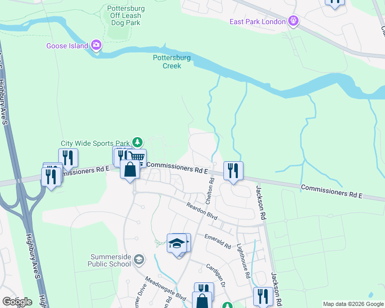 map of restaurants, bars, coffee shops, grocery stores, and more near 1110 Meadowlark Ridge in London