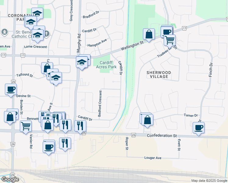 map of restaurants, bars, coffee shops, grocery stores, and more near 183 Bedford Crescent in Sarnia