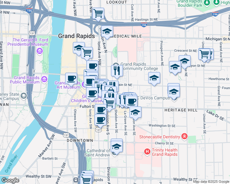 map of restaurants, bars, coffee shops, grocery stores, and more near 27 Library Street Northeast in Grand Rapids