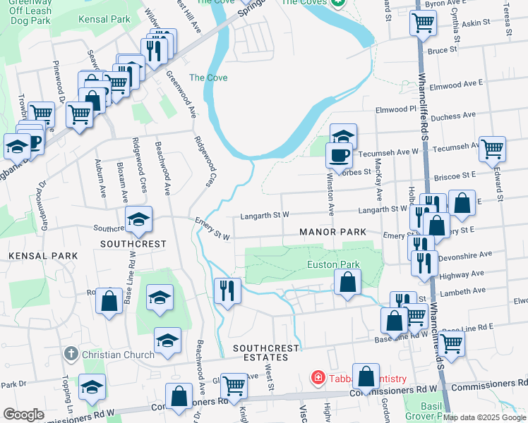 map of restaurants, bars, coffee shops, grocery stores, and more near 124 Langarth Street West in London