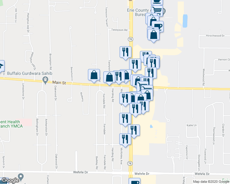 map of restaurants, bars, coffee shops, grocery stores, and more near 24 Harding Road in Williamsville