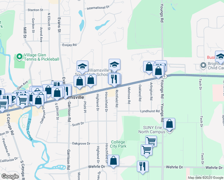 map of restaurants, bars, coffee shops, grocery stores, and more near 5949-5951 Main Street in Williamsville