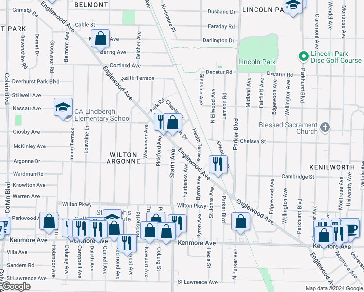 map of restaurants, bars, coffee shops, grocery stores, and more near 653 Englewood Avenue in Buffalo