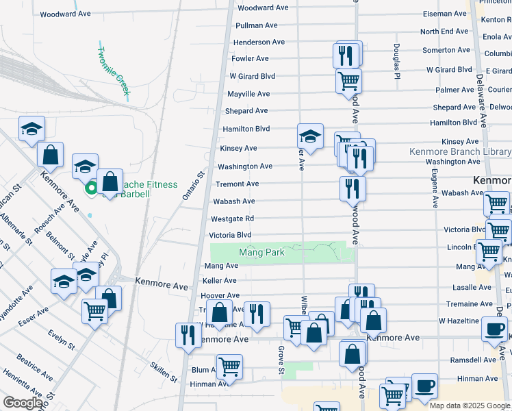 map of restaurants, bars, coffee shops, grocery stores, and more near 389 Westgate Road in Buffalo