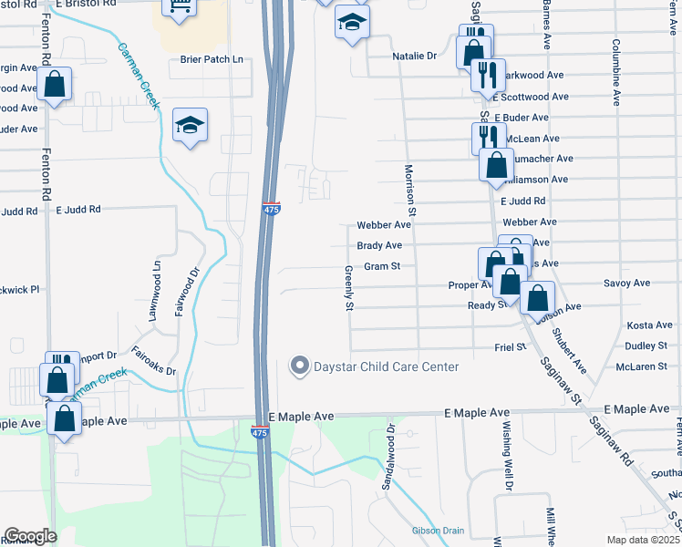 map of restaurants, bars, coffee shops, grocery stores, and more near 1349 Proper Avenue in Burton