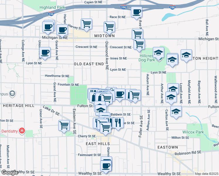 map of restaurants, bars, coffee shops, grocery stores, and more near 63 Iris Place Northeast in Grand Rapids