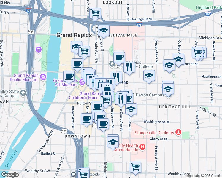 map of restaurants, bars, coffee shops, grocery stores, and more near 27 Library Street Northeast in Grand Rapids