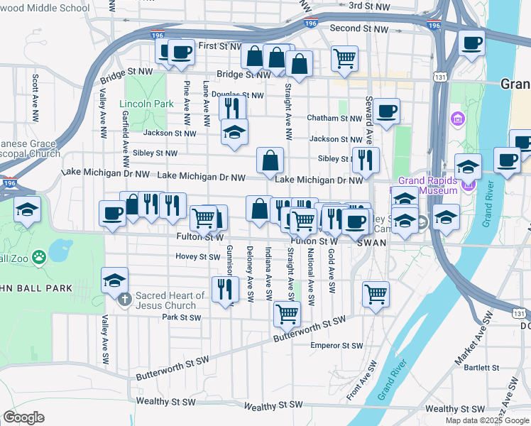 map of restaurants, bars, coffee shops, grocery stores, and more near 840 Veto Street Northwest in Grand Rapids