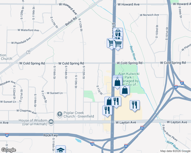 map of restaurants, bars, coffee shops, grocery stores, and more near 4401 South 110th Street in Greenfield